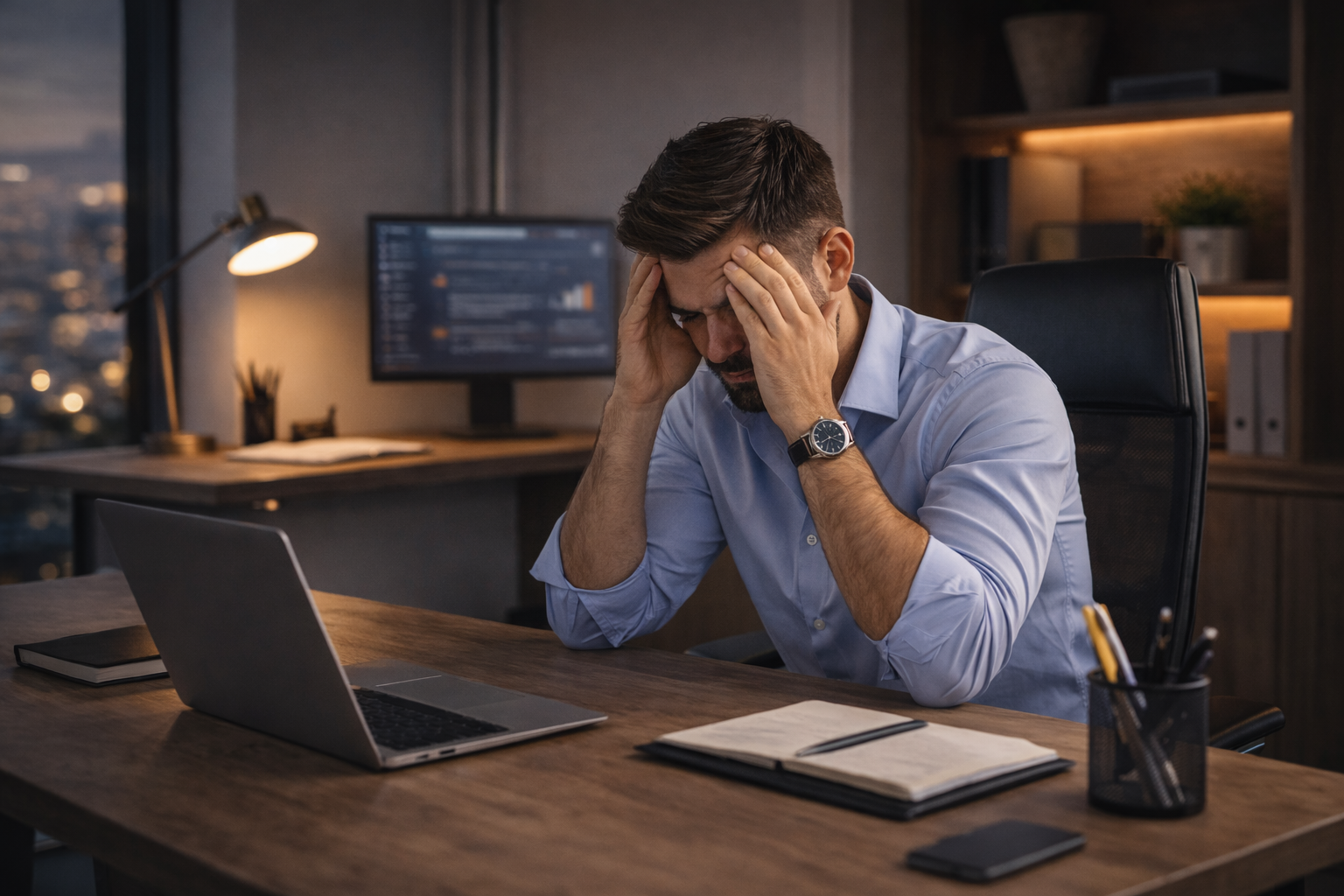 Business owner overwhelmed with work - representing the chaos of growing business